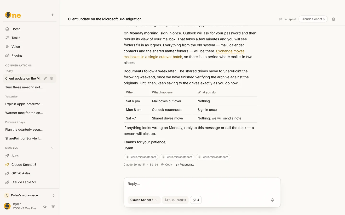 An XOGENT One chat reply with cited sources, the answering model and its cost