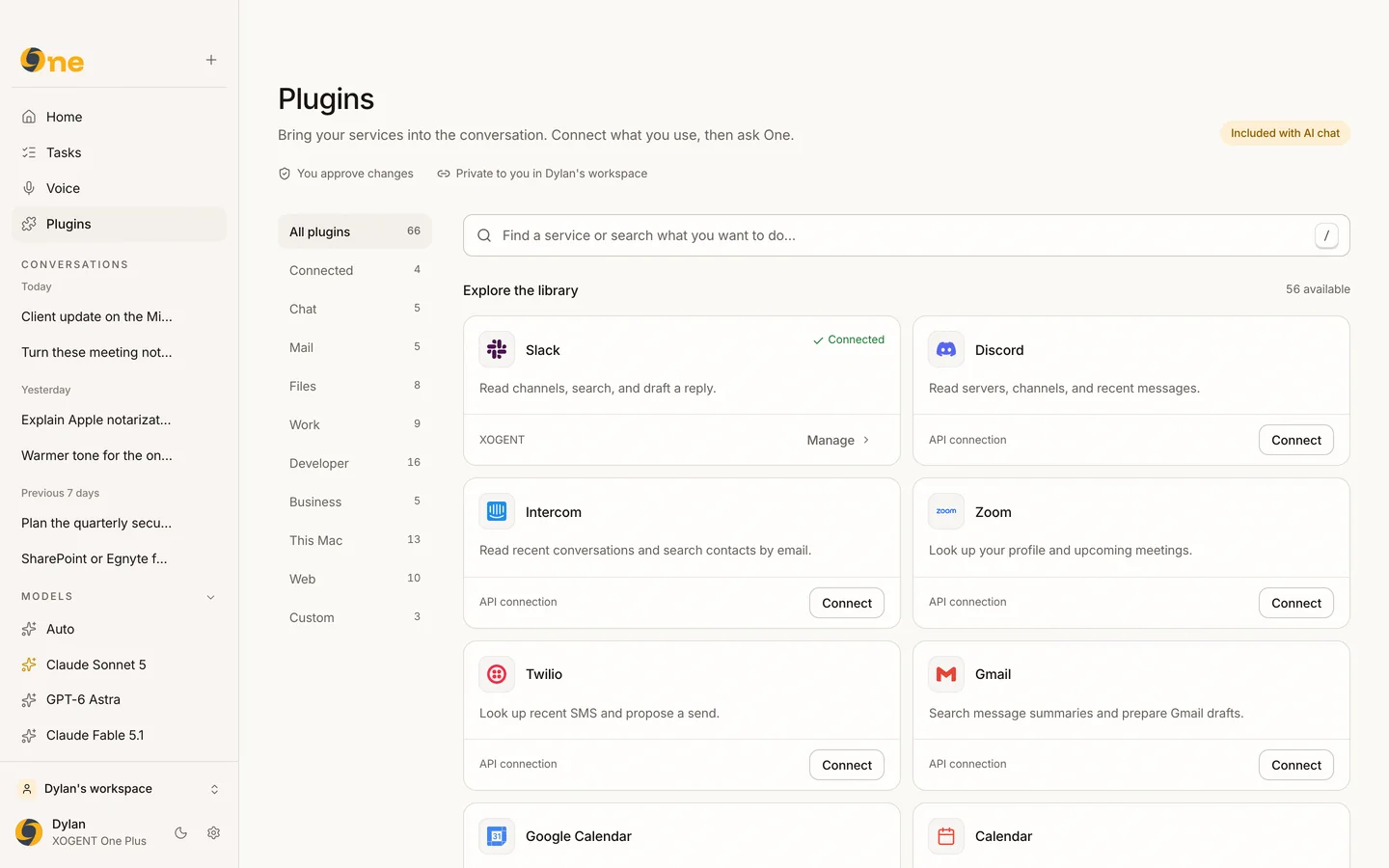 The XOGENT One plugin library with Slack, Discord, Intercom, Zoom, Twilio and Gmail