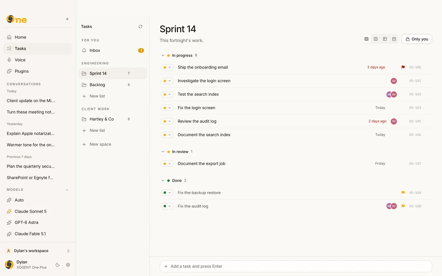 XOGENT Tasks showing a sprint list grouped by status